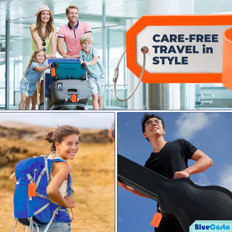 BlueCosto - Luggage Tags - Large, Orange, 5 PK - PVC Suitcase Tags w/Privacy Cover & Stainless Steel Wire Loops - Personalized Baggage Identifiers for Travel - Backpack Name Labels - Image 4